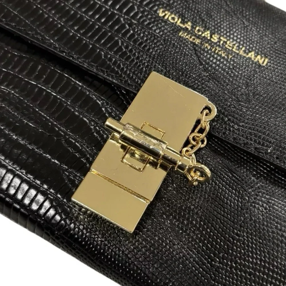 Viola Castellani Black Leather Crossbody Clutch Handbag Purse Italy Gold Whimsi